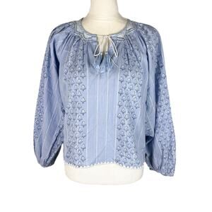 Saylor Blue Stripe Floral Peasant Blouse Tassel Neck Balloon Sleeve Size Medium